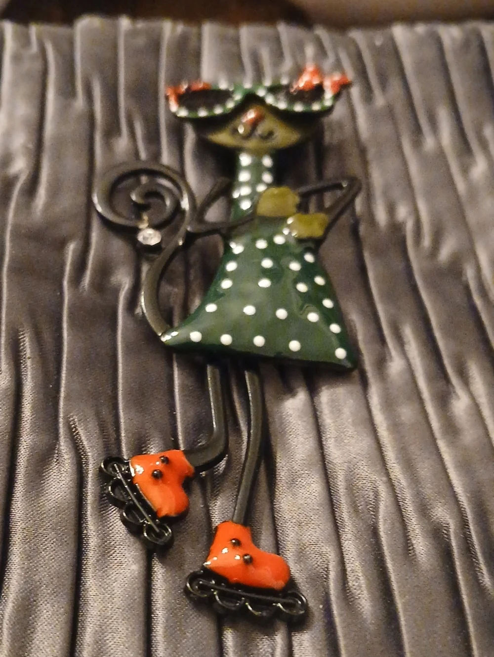 Whimsical Green Polka Dot Cat Brooch with Orange Shoes